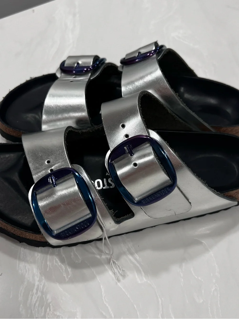 Birkenstock Arizona Big Buckle Slide Sandals Silver Metallic Leather Women's 37